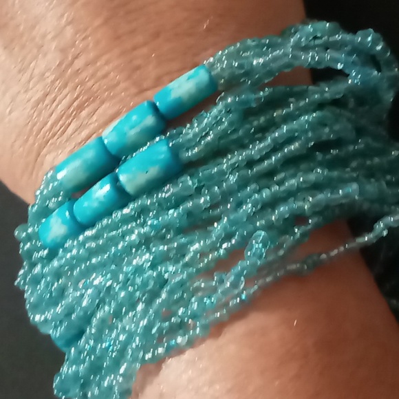 Long or layered glass seed bead aquamarine necklace 48 inches long - Picture 3 of 9